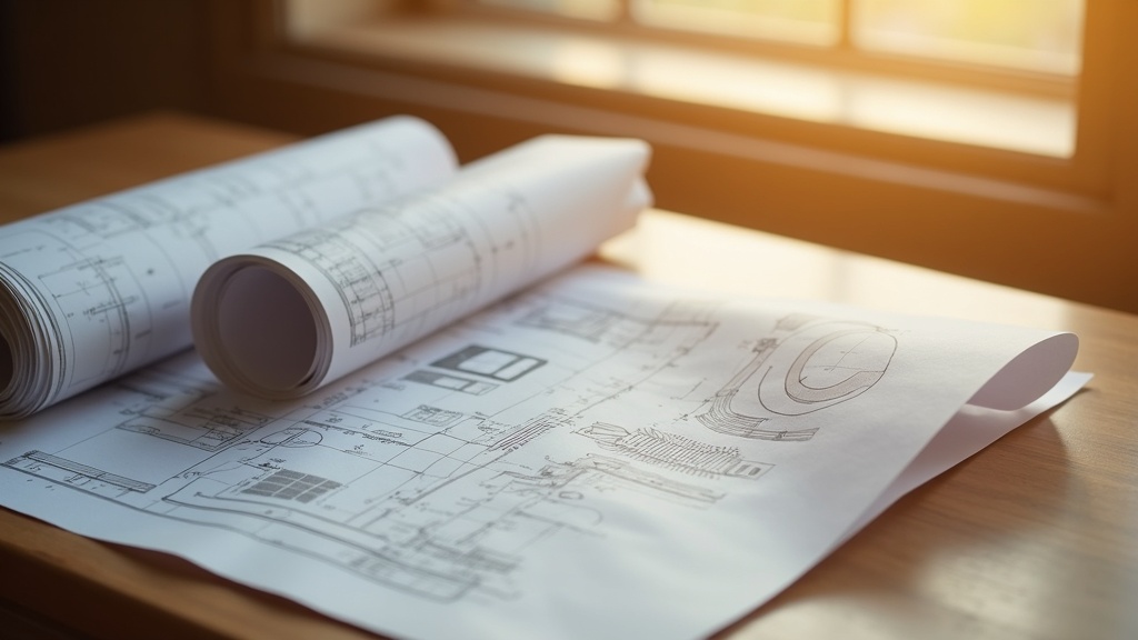 Three architectural blueprints rolled and stacked on a wooden table, one partially unrolled, golden hour window light.